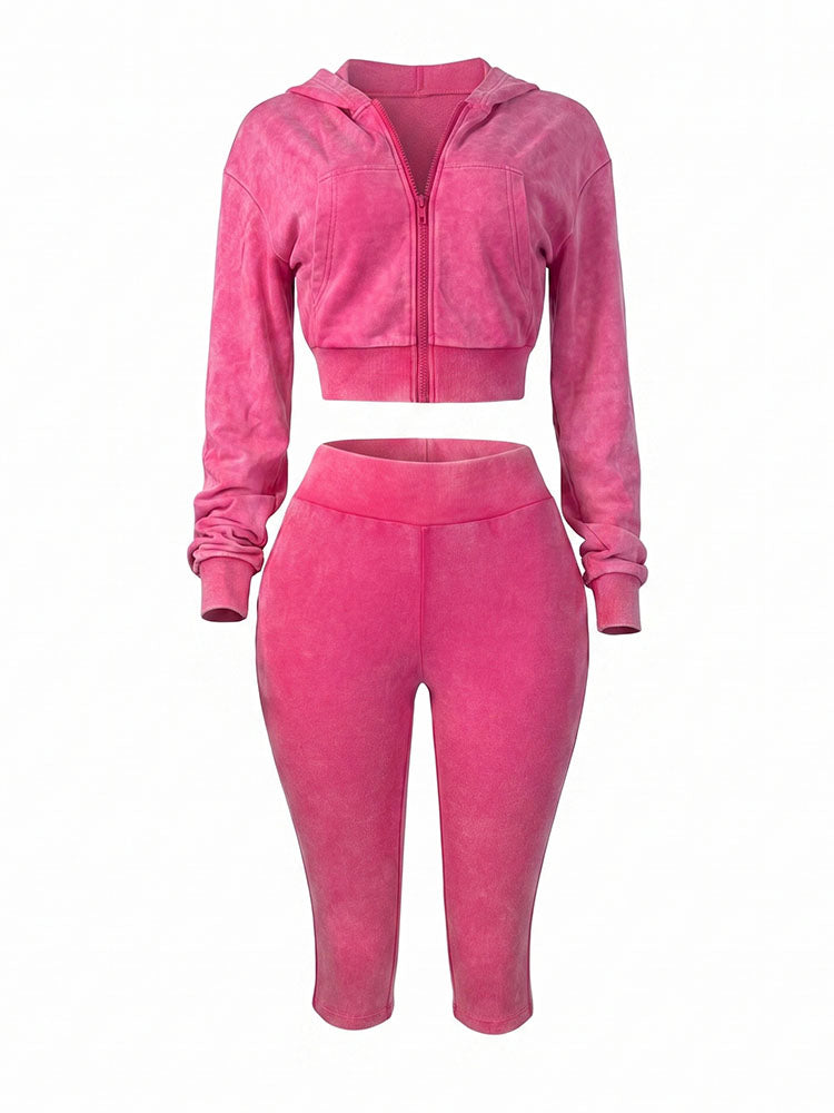 Acid Wash Cropped Jacket & Capri Leggings Set