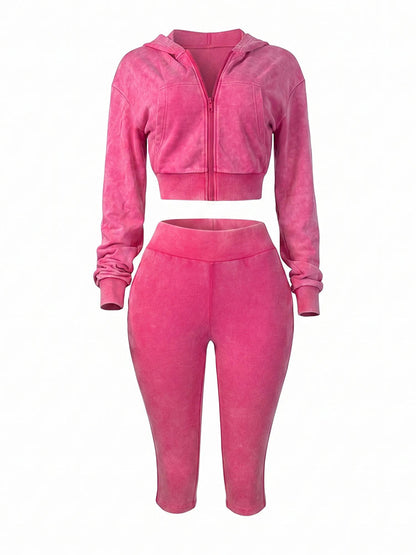 Acid Wash Cropped Jacket & Capri Leggings Set