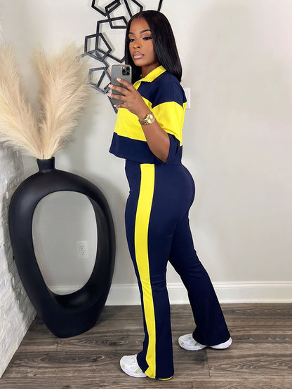 Colorblock Cropped Polo Top & Flare Leggings Set