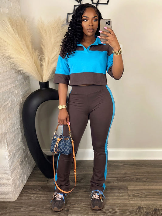 Colorblock Cropped Polo Top & Flare Leggings Set