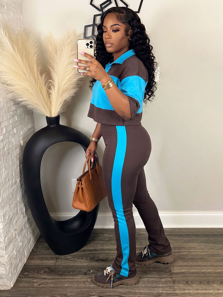 Colorblock Cropped Polo Top & Flare Leggings Set