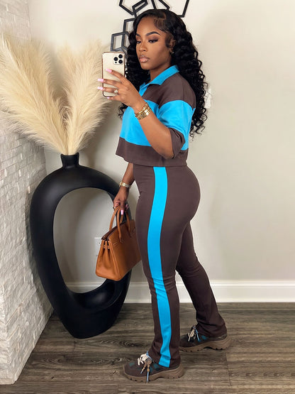 Colorblock Cropped Polo Top & Flare Leggings Set