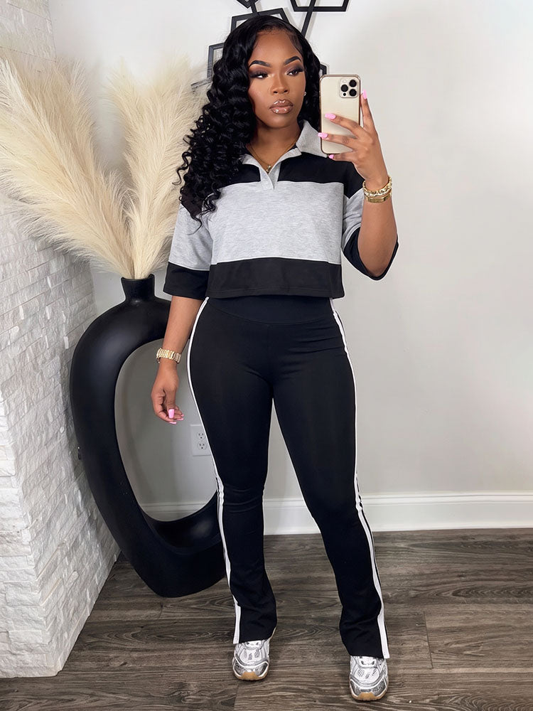 Colorblock Cropped Polo Top & Flare Leggings Set