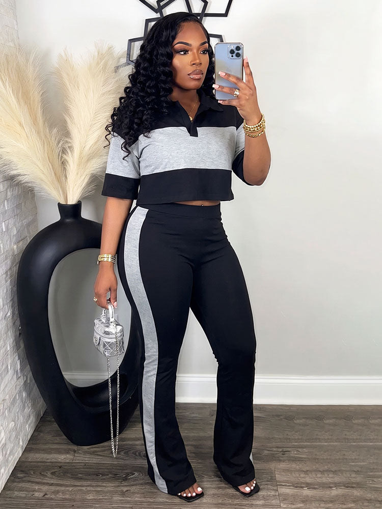 Colorblock Cropped Polo Top & Flare Leggings Set