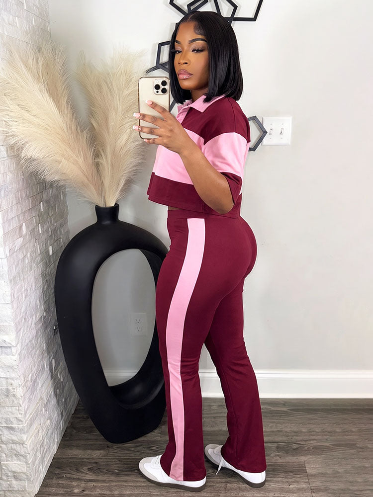 Colorblock Cropped Polo Top & Flare Leggings Set
