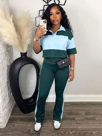 Colorblock Cropped Polo Top & Flare Leggings Set