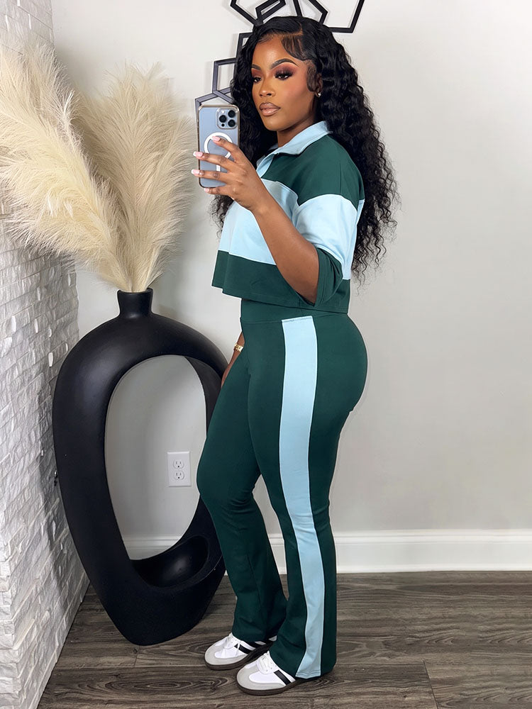 Colorblock Cropped Polo Top & Flare Leggings Set