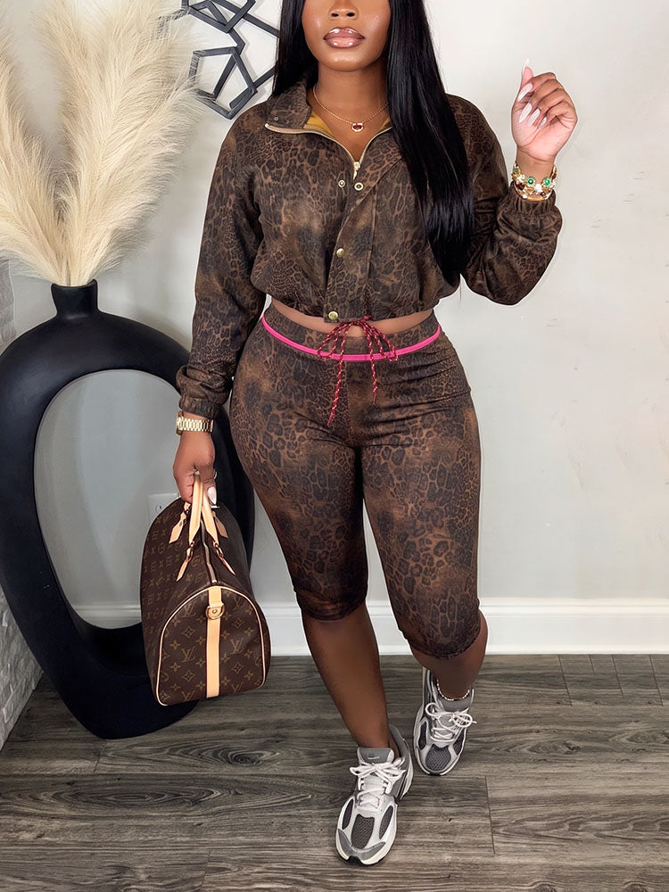 Leopard Cropped Jacket & Capri Shorts Set