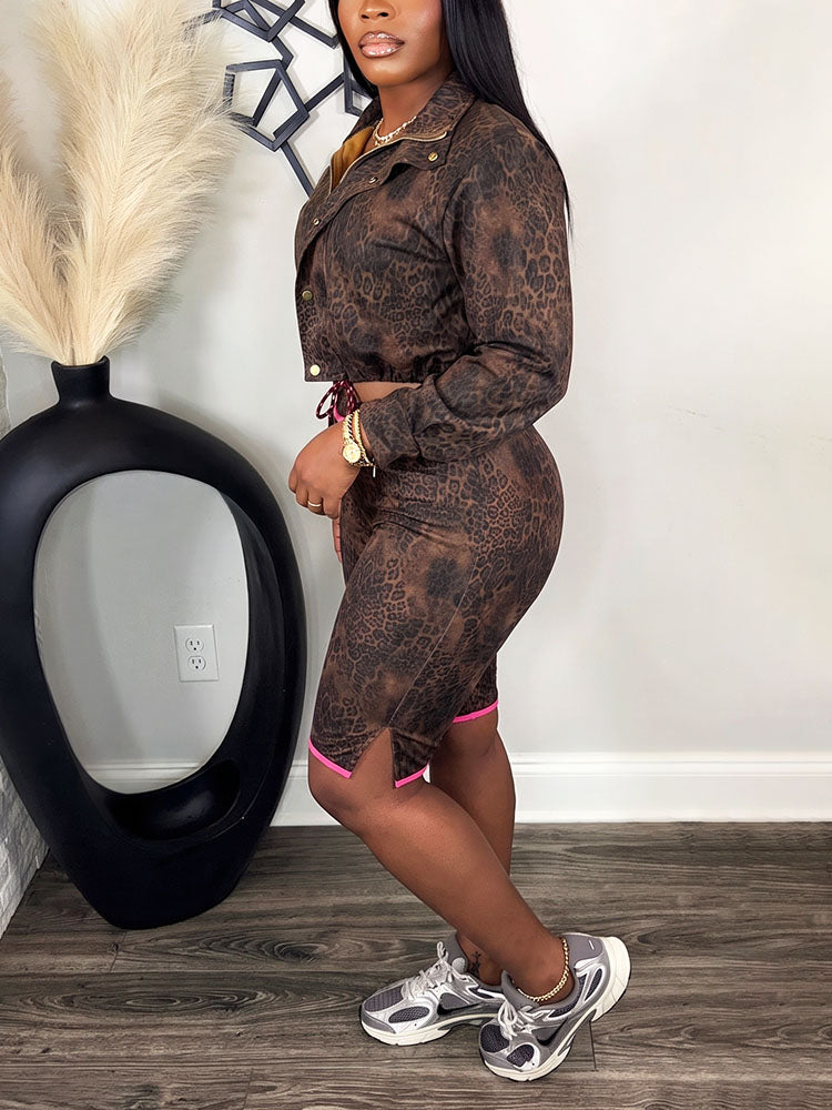 Leopard Cropped Jacket & Capri Shorts Set