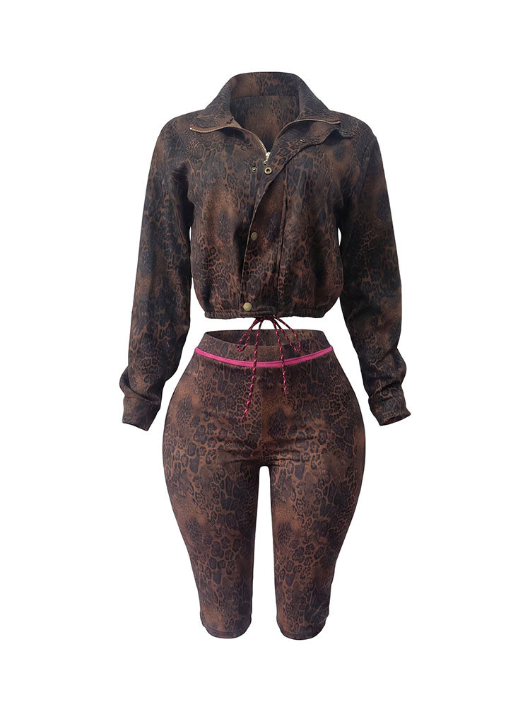 Leopard Cropped Jacket & Capri Shorts Set