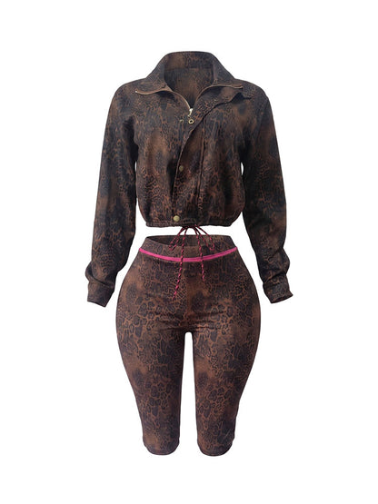 Leopard Cropped Jacket & Capri Shorts Set