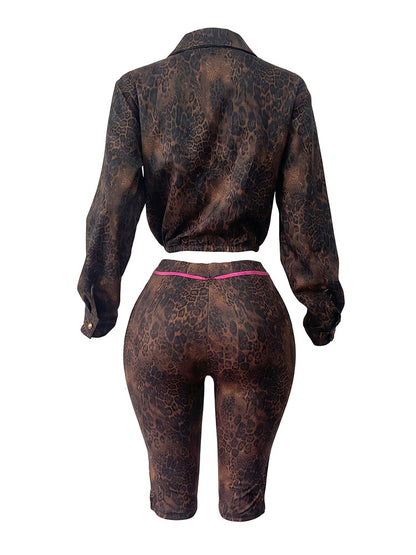 Leopard Cropped Jacket & Capri Shorts Set