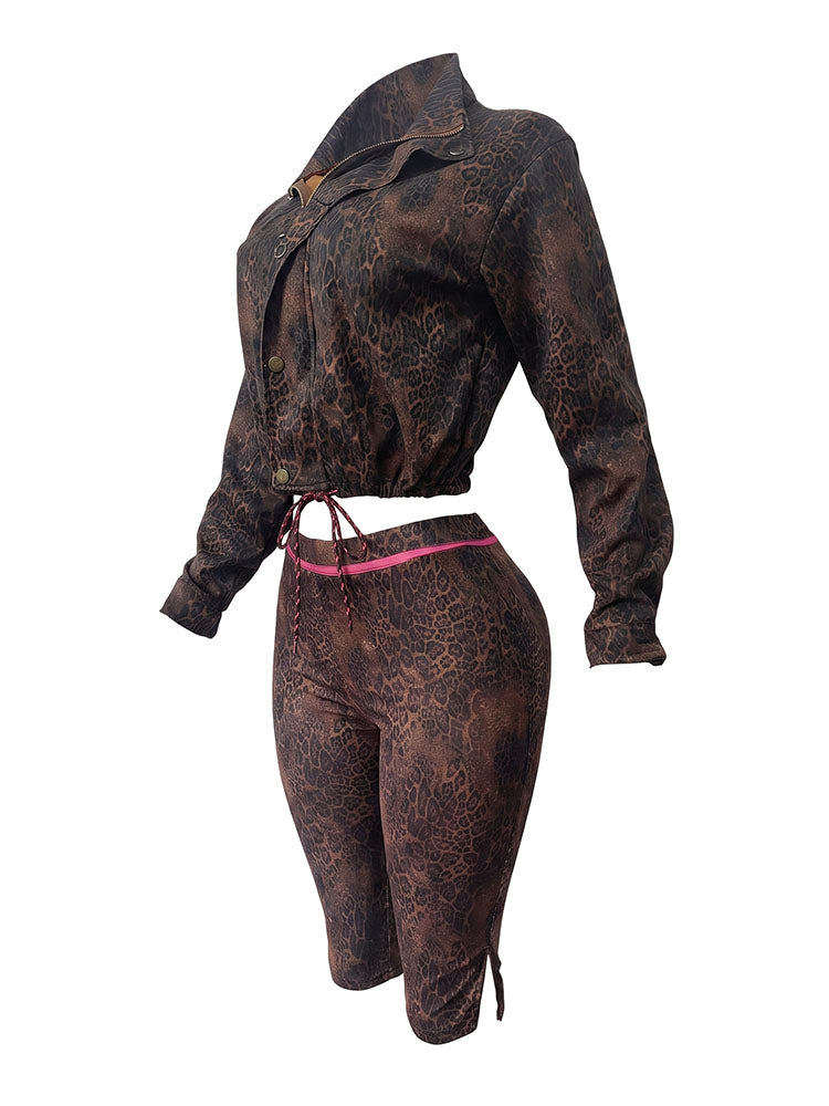 Leopard Cropped Jacket & Capri Shorts Set