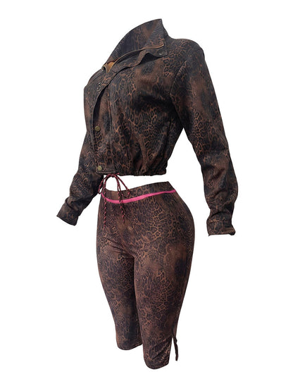 Leopard Cropped Jacket & Capri Shorts Set