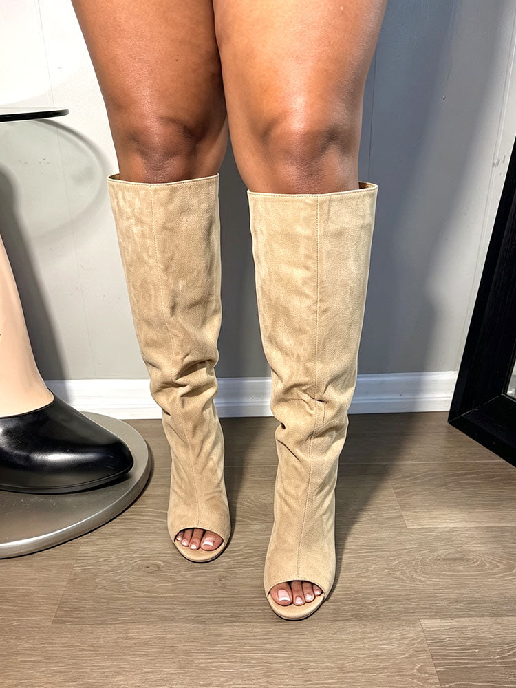 Suede Peep-Toe Sculptural Wedge Boots