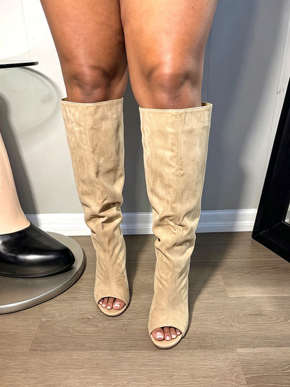 Suede Peep-Toe Sculptural Wedge Boots