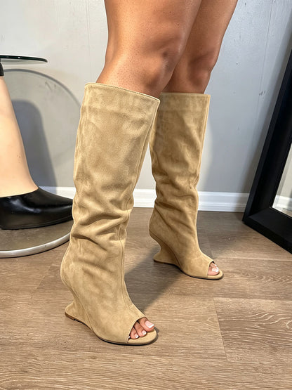 Suede Peep-Toe Sculptural Wedge Boots