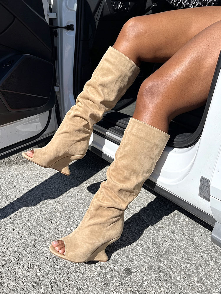 Suede Peep-Toe Sculptural Wedge Boots