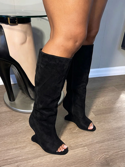 Suede Peep-Toe Sculptural Wedge Boots