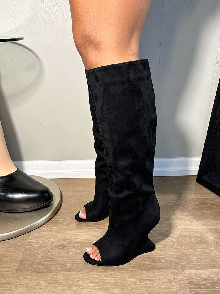 Suede Peep-Toe Sculptural Wedge Boots
