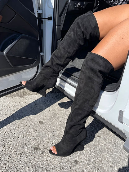 Suede Peep-Toe Sculptural Wedge Boots