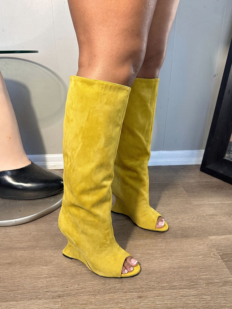 Suede Peep-Toe Sculptural Wedge Boots