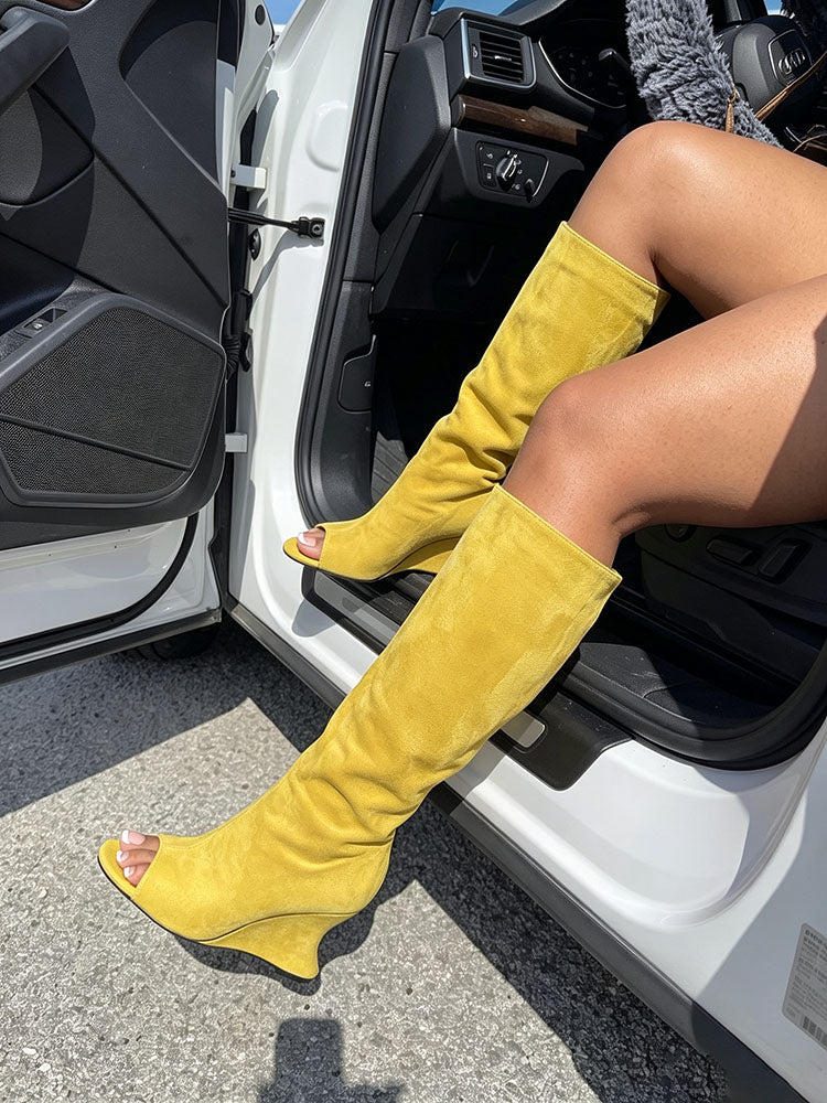 Suede Peep-Toe Sculptural Wedge Boots