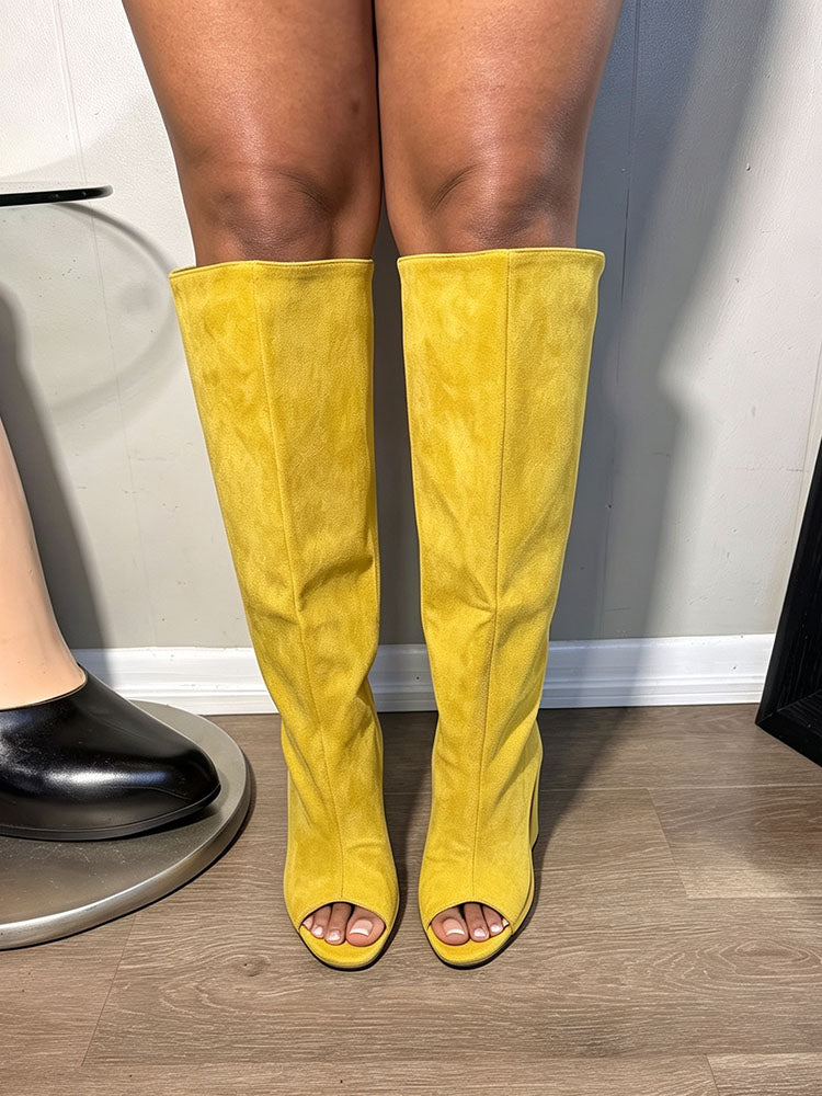 Suede Peep-Toe Sculptural Wedge Boots
