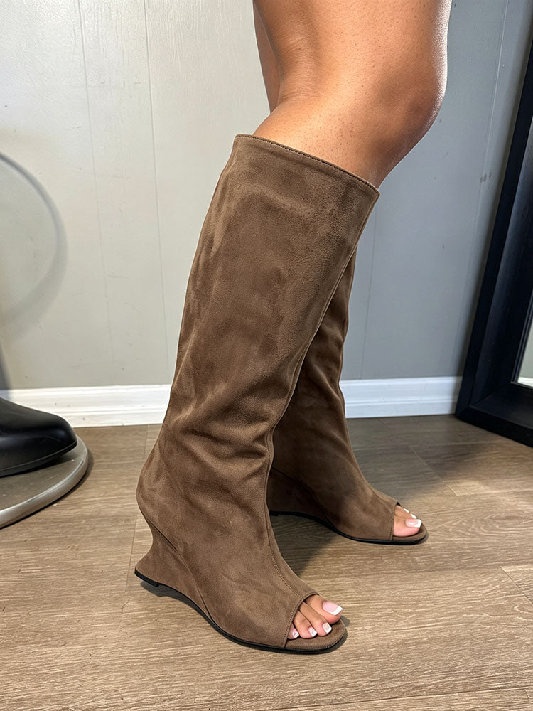 Suede Peep-Toe Sculptural Wedge Boots