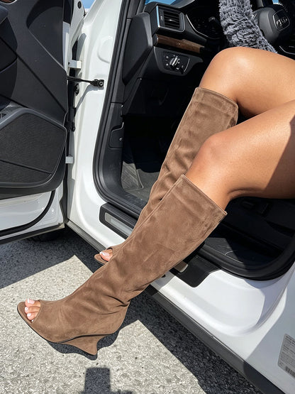 Suede Peep-Toe Sculptural Wedge Boots