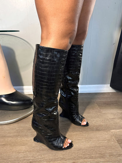 Suede Peep-Toe Sculptural Wedge Boots