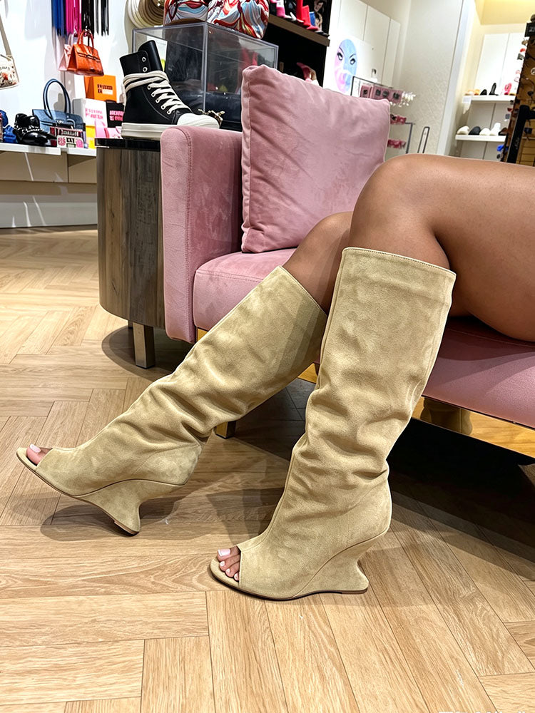 Suede Peep-Toe Sculptural Wedge Boots