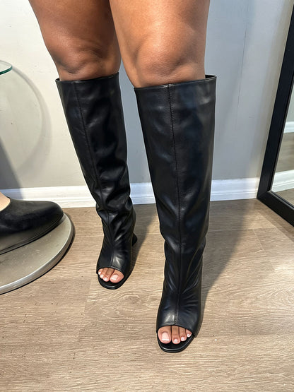 Suede Peep-Toe Sculptural Wedge Boots