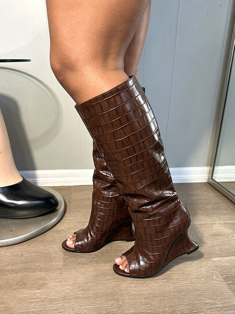 Suede Peep-Toe Sculptural Wedge Boots