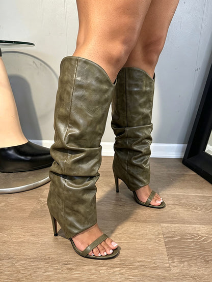 Leather Slouchy Overlay Stiletto Boots