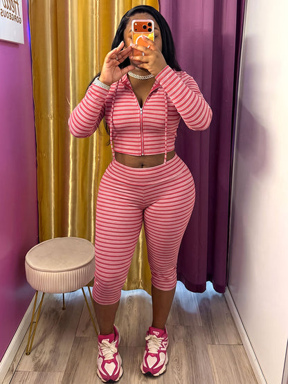 Striped Ribbed Hoodie & Capri Leggings Set