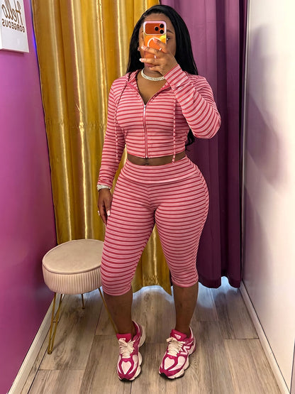 Striped Ribbed Hoodie & Capri Leggings Set
