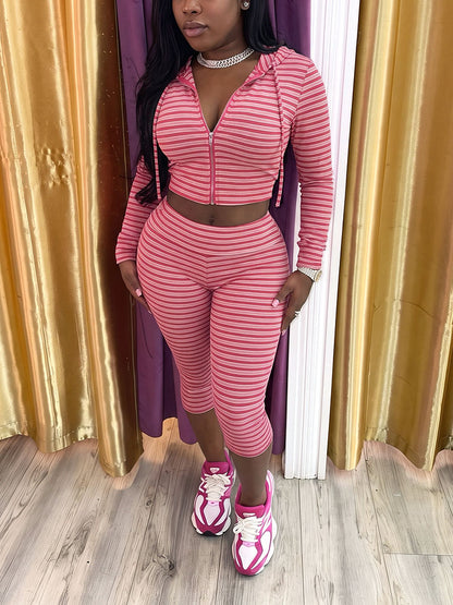 Striped Ribbed Hoodie & Capri Leggings Set