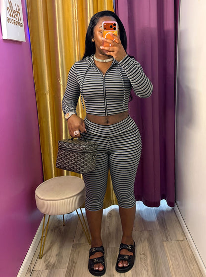 Striped Ribbed Hoodie & Capri Leggings Set