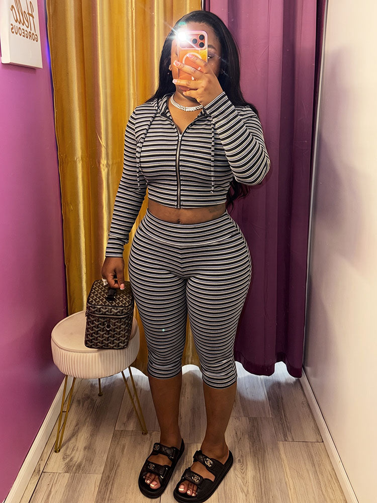 Striped Ribbed Hoodie & Capri Leggings Set