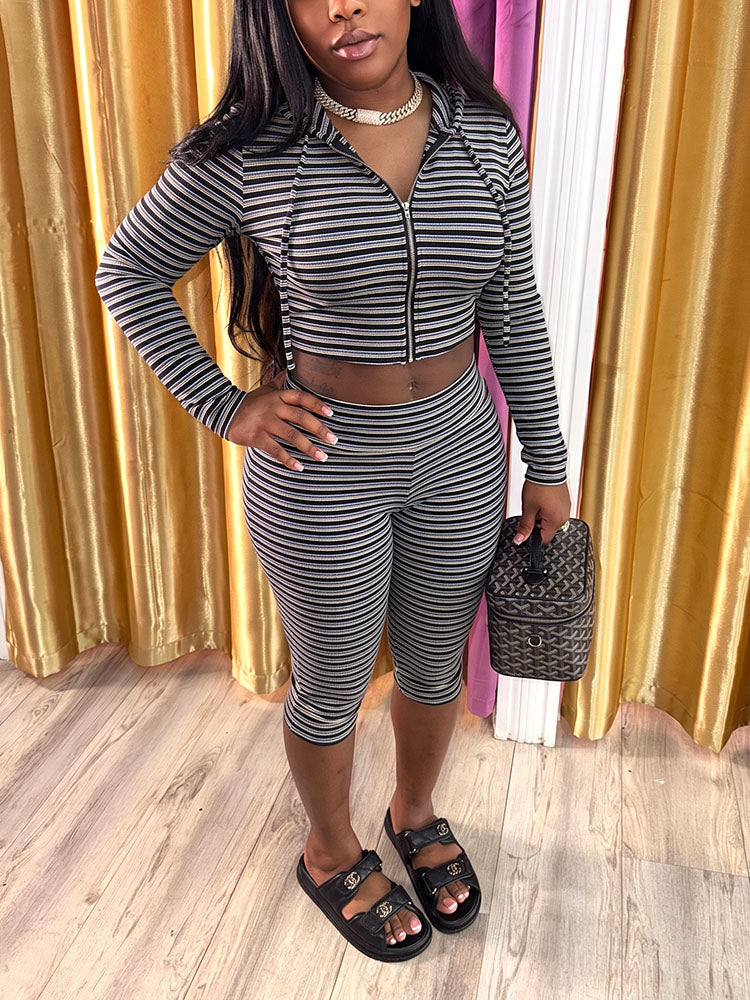 Striped Ribbed Hoodie & Capri Leggings Set