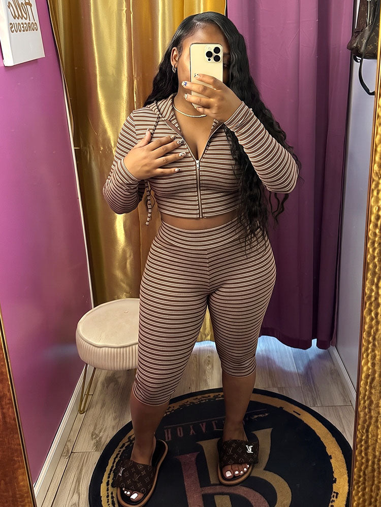 Striped Ribbed Hoodie & Capri Leggings Set