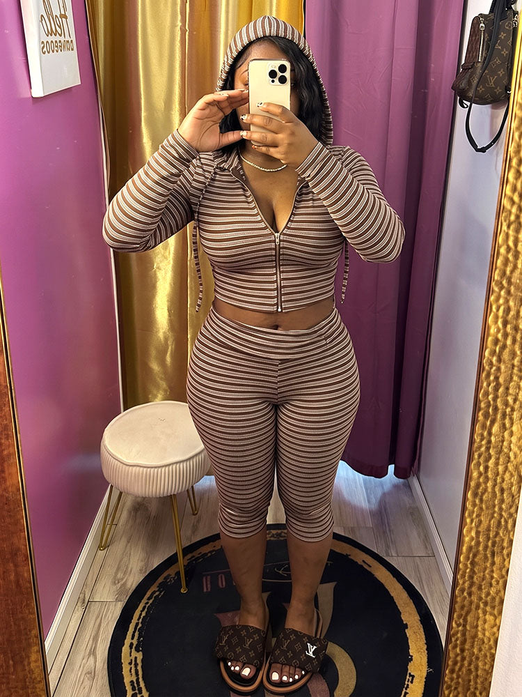Striped Ribbed Hoodie & Capri Leggings Set