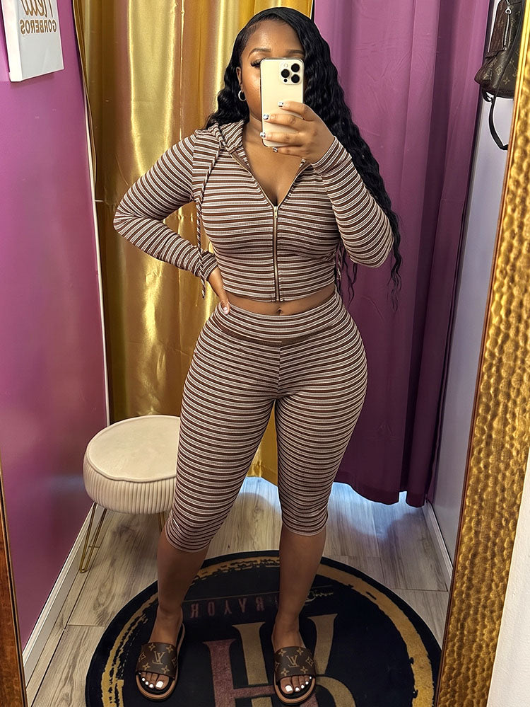Striped Ribbed Hoodie & Capri Leggings Set