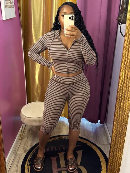 Striped Ribbed Hoodie & Capri Leggings Set