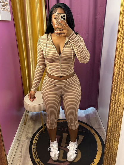 Striped Ribbed Hoodie & Capri Leggings Set