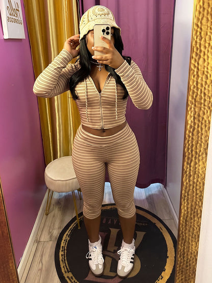 Striped Ribbed Hoodie & Capri Leggings Set