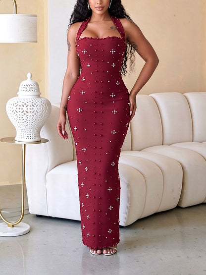 Pearl Embellished Halter Maxi Dress