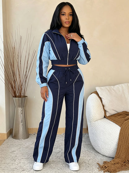 Contrast Windbreaker Jacket & Wide Pants Set
