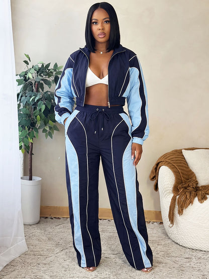 Contrast Windbreaker Jacket & Wide Pants Set